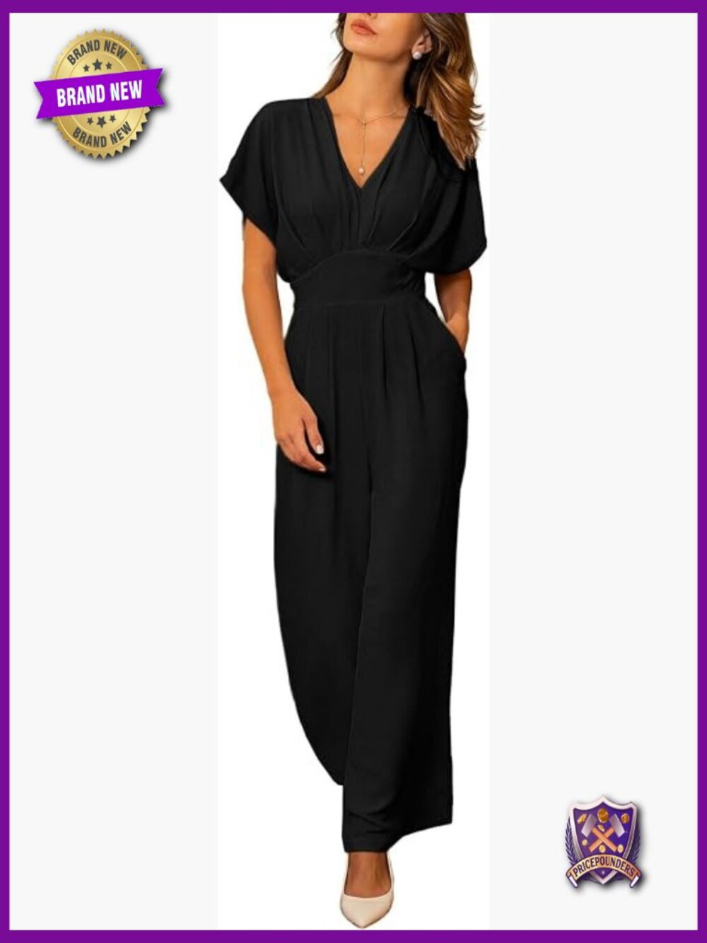 Women's Batwing Sleeve Jumpsuit V Neck Cutout Tie Back with Pockets